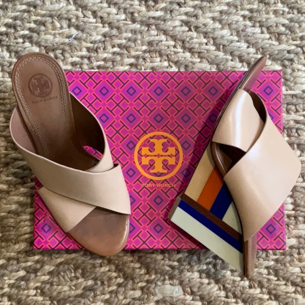 Tory Burch sandal, size 10. Gently worn. 4” heel. Leather upper, leather sole.